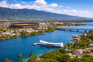 Pearl City Skyline with USS arizona memorial Hawaii, treatment